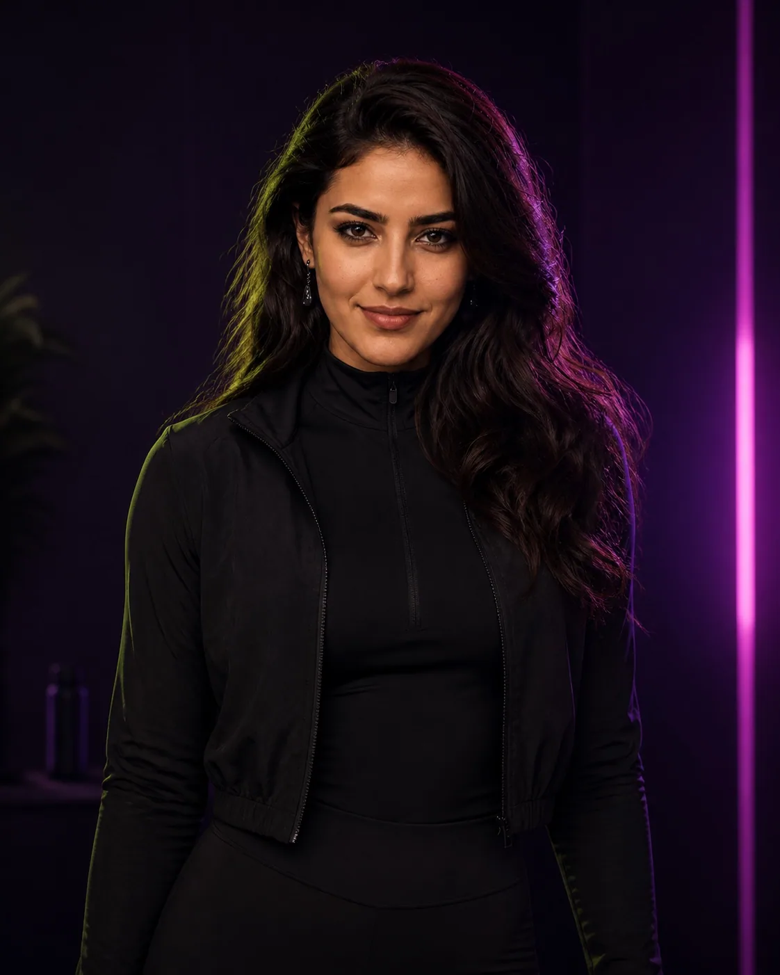 Lara after work in black gym athleisure in a violet studio