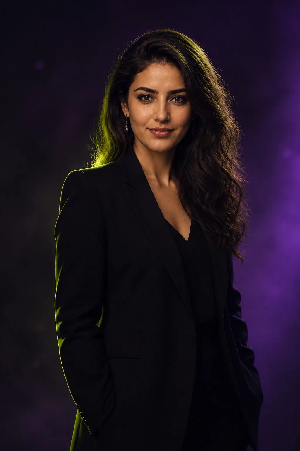 Lara in a black blazer against a violet studio background
